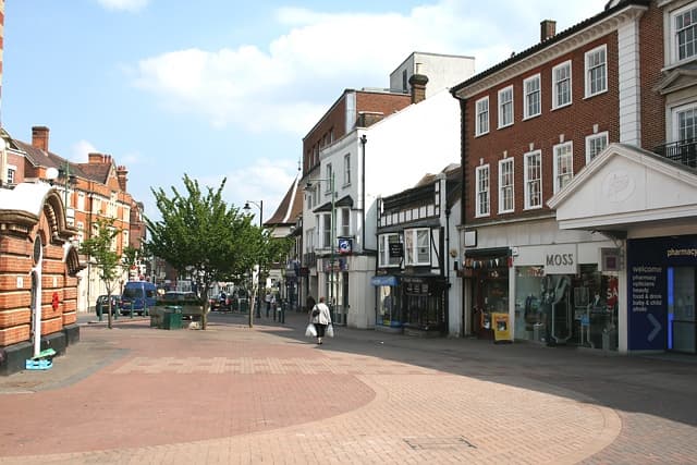 Epsom High Street viewed from the Clock Tower — pedestrianised town centre